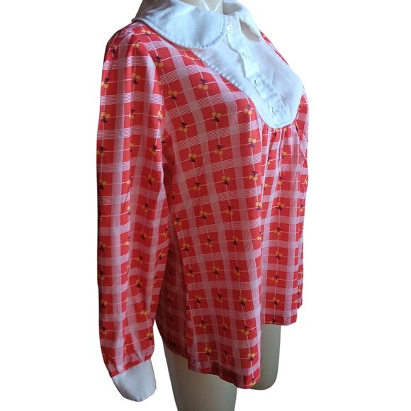 Medium Vintage Plaid Long Sleeve Blouse With White Bib Collar & Button Front - Picture 3 of 7